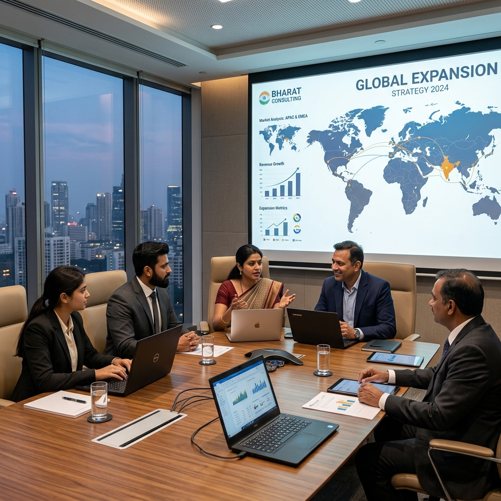 Bhartiya consulting firm leaders in a boardroom meeting discussing global expansion strategy
